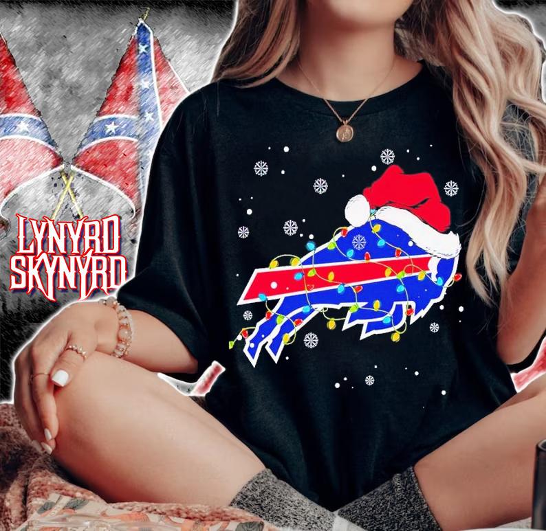 Buffalo Bills wearing Santa hat Christmas lights shirt t-shirt woman shirt