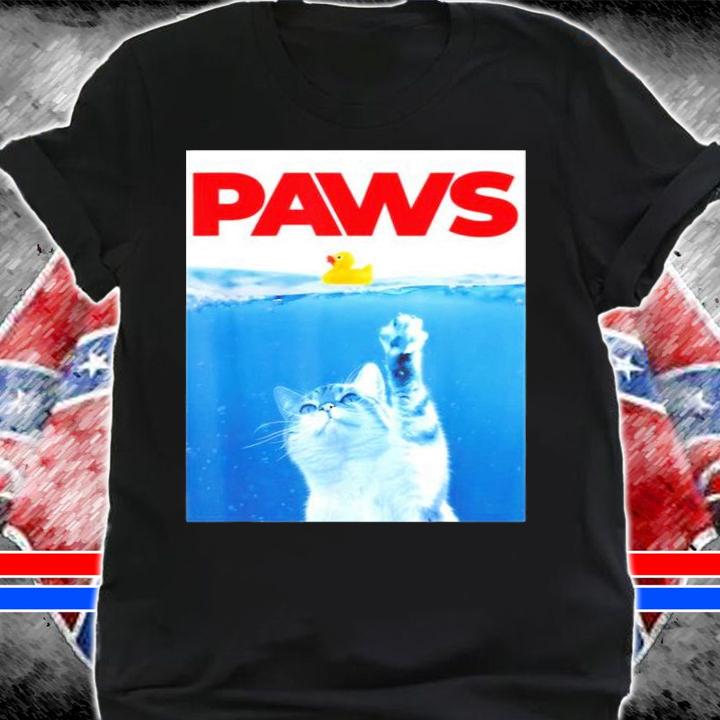 PAWS Cat And Yellow Rubber Duck Cute Kitten Funny Cat Parody T-Shirt t-shirt