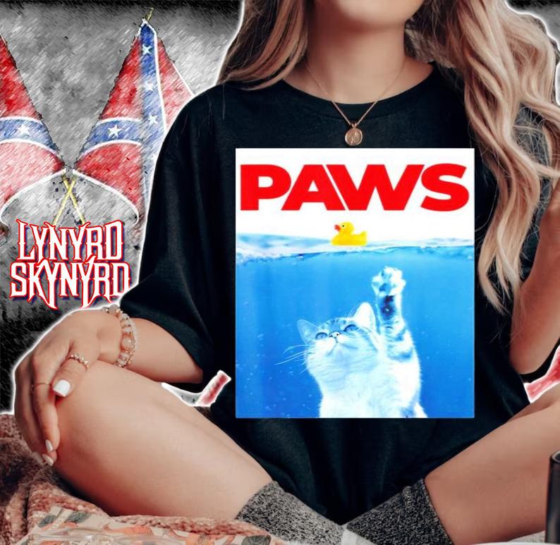 PAWS Cat And Yellow Rubber Duck Cute Kitten Funny Cat Parody T-Shirt t-shirt