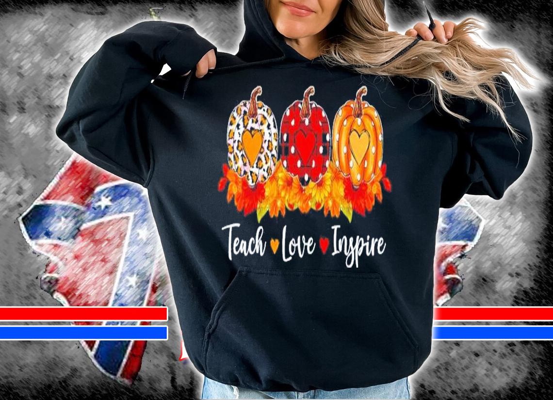 Teach love inspire teacher autumn fall leopard plaid pumpkin shirt t-shirt