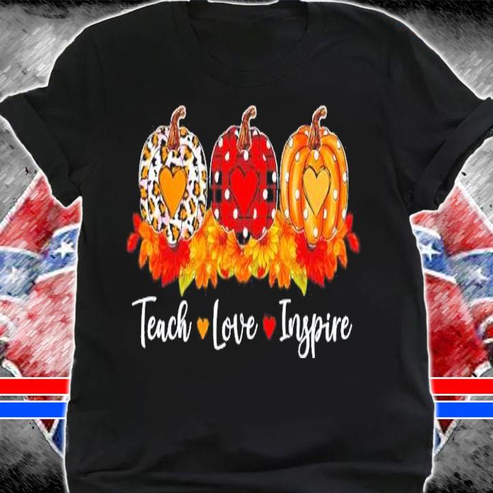 Teach love inspire teacher autumn fall leopard plaid pumpkin shirt t-shirt