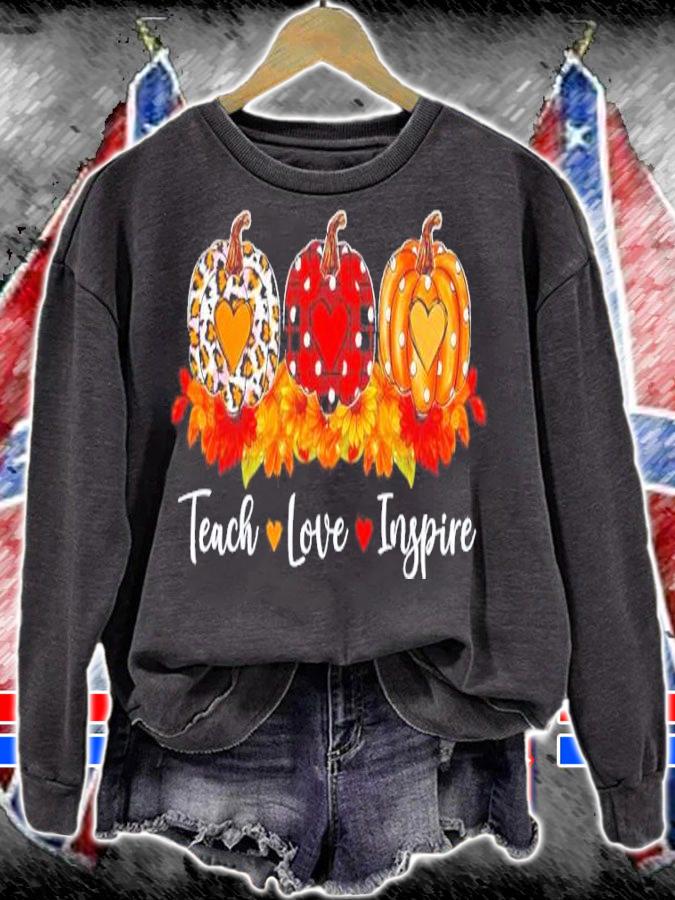 Teach love inspire teacher autumn fall leopard plaid pumpkin shirt t-shirt