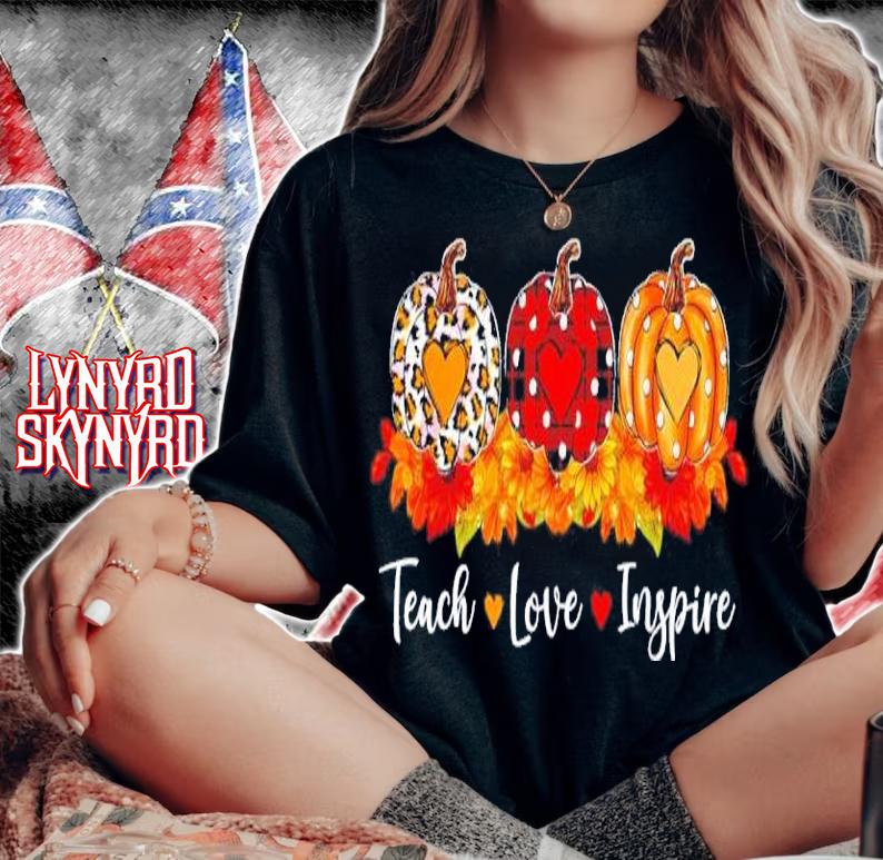 Teach love inspire teacher autumn fall leopard plaid pumpkin shirt t-shirt