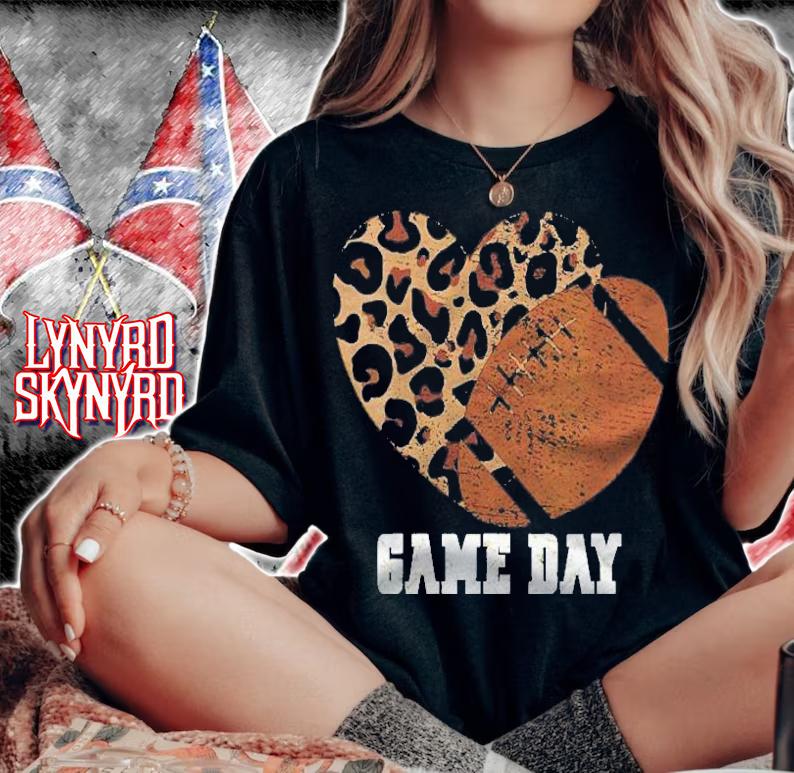 Womens Game Day With Leopard Heart Football Lovers Mom Shirt t-shirt