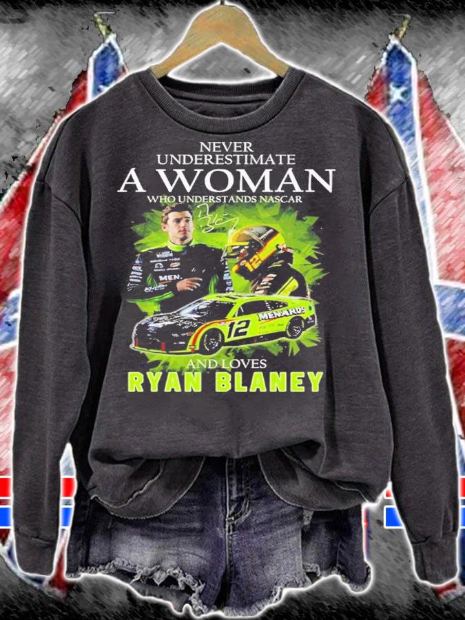 Never Underestimate A Woman Who Understands Nascar And Loves Ryan Blaney Signatures Shirt t-shirt sweatshirt