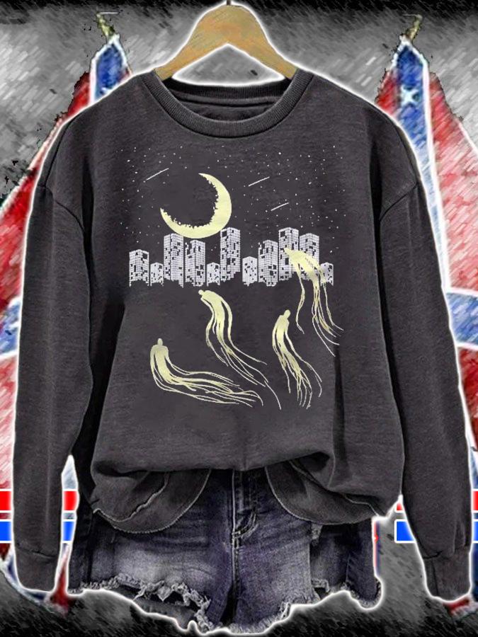 Night Sky Moon Star Building Ghost City Galaxy Horror Gift Pullover Shirt t-shirt sweatshirt